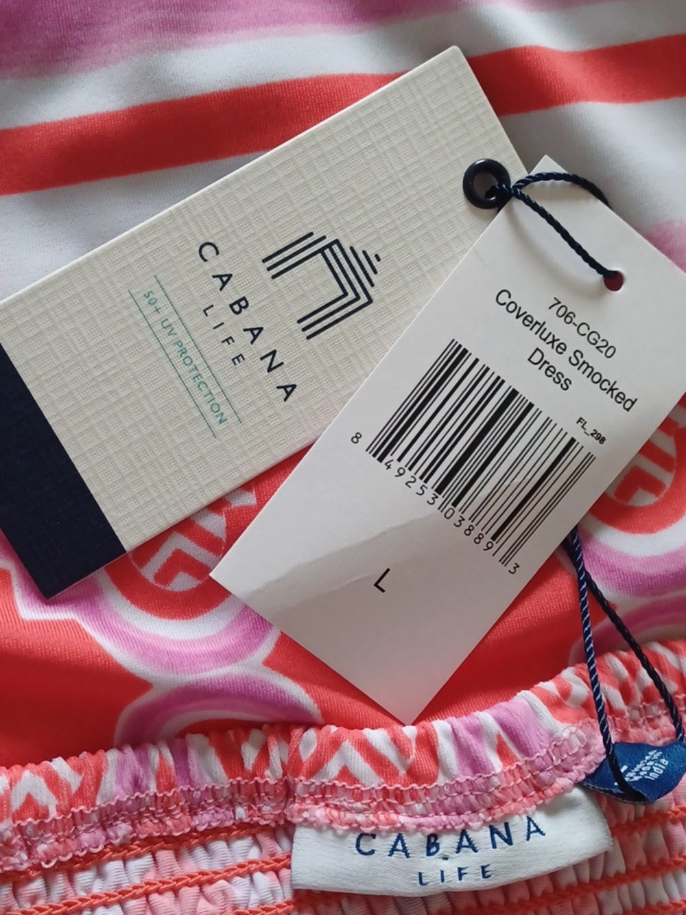 NWT Cabana Life Coral Geo Coverluxe Smocked Off the Shoulder Tassel Dress - Picture 11 of 13